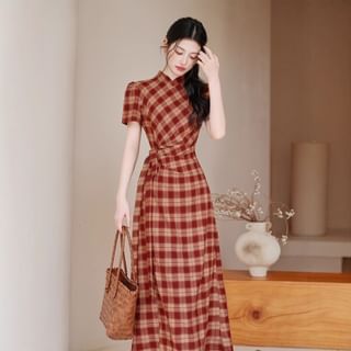 Cocaliso Short Sleeve Mandarin Collar Plaid Midi Bodycon Dress Sale