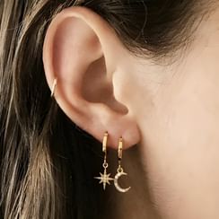 FOON - 925 Sterling Silver Rhinestone Moon & Star Hoop Earrings FOON - 925 Sterling Silver Rhinestone Moon & Star Hoop Earrings