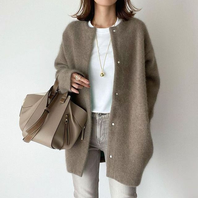 Supernova-Crew Neck Plain Button Cardigan
