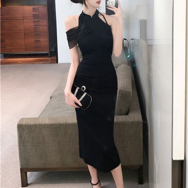 knee length dresses for ladies Black Off The Shoulder Long Sleeved Draped Midi Dress – AX Paris main image 0