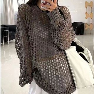 Muezz Long-Sleeve Crew Neck Plain Crochet Knit Top Sale