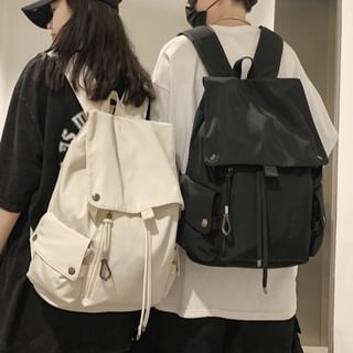 Hikuozy-Plain Flap Drawstring Nylon Backpack