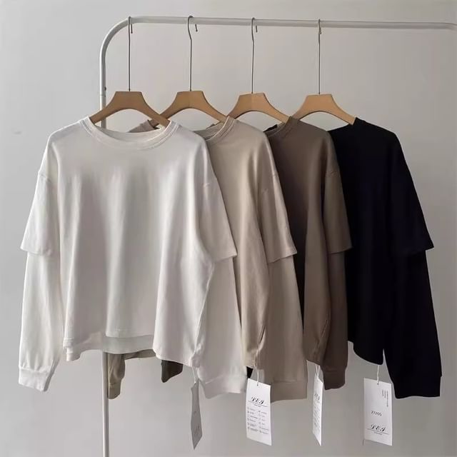 fluffush-Mock Two-Piece Crew Neck Plain Sweatshirt