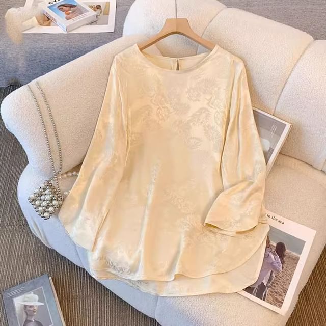 fluffush-Long-Sleeve Crew Neck Jacquard Top