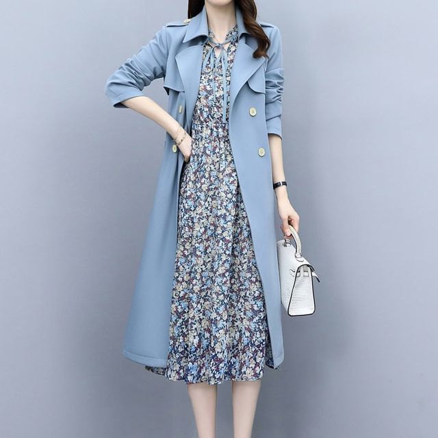 sachin and babi light blue dress V-neck A-Line Chiffon Prom Dress with Blue White Flower Print Tiered Long  Design and Slit  misshow.com