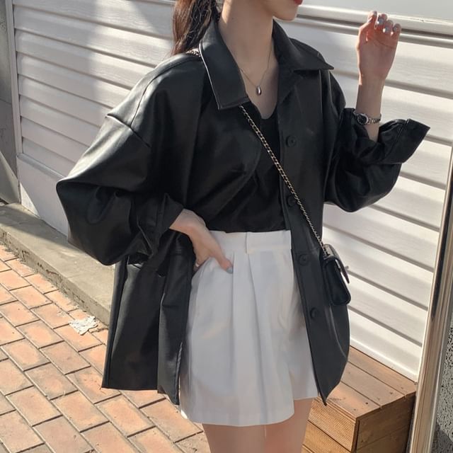 Coris-Faux Leather Button-Up Jacket