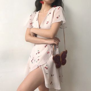 Sinora - Short-Sleeve V Neck Cherry Print Mini Wrap Dress | YesStyle