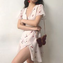 Sinora - Short-Sleeve  V Neck Cherry Print Mini Wrap Dress