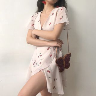 Sinora Short-Sleeve V Neck Cherry Print Mini Wrap Dress Sale