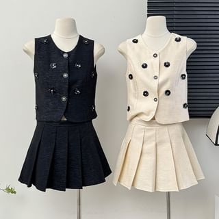 Lemongrass Set: Flower-Accent Linen Vest + High-Rise Pleated Mini Skirt Sale