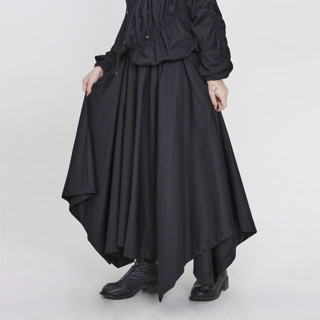 Ravenstem-High Waist Plain Asymmetrical Wide Leg Pants