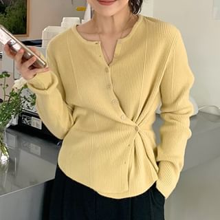 Coris-Round Neck Plain Ribbed Knit Cardigan