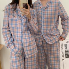 Noviril - Couple Matching Pajama Set: Plaid Shirt + Lounge Pants