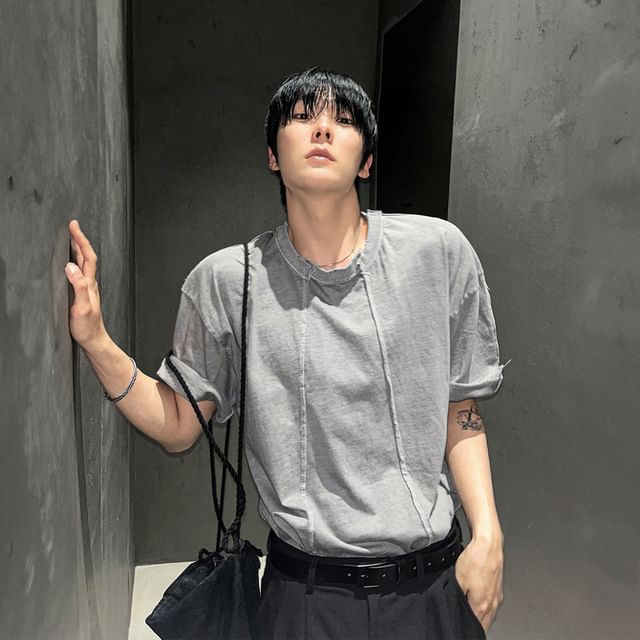 mopagrati-Short Sleeve Crew Neck Plain Panel T-Shirt