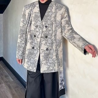 Omozando-Collarless V-Neck Jacquard Double-Breasted Blazer