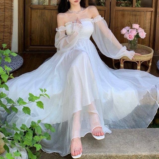 long sleeve off shoulder white dress Hall Casual Wedding Dress Off Shoulder Long Sleeves Simple Summer Bridal Gowns QW2366 US6 / Ivory