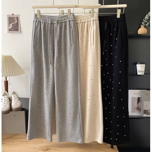 DIYI Mid Rise Plain Rhinestone Wide Leg Pants YesStyle