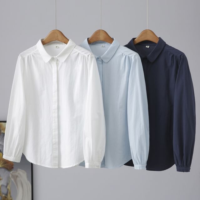 Suzette-Long Sleeve Lapel Neck Plain Shirt