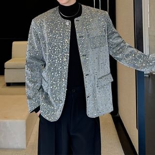 Omozando-Crewneck Sequin Button-Up Jacket