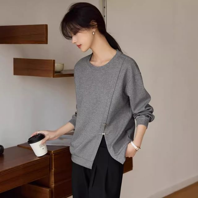 Jeonseon-Round Neck Drop Shoulder Plain Slit Pullover