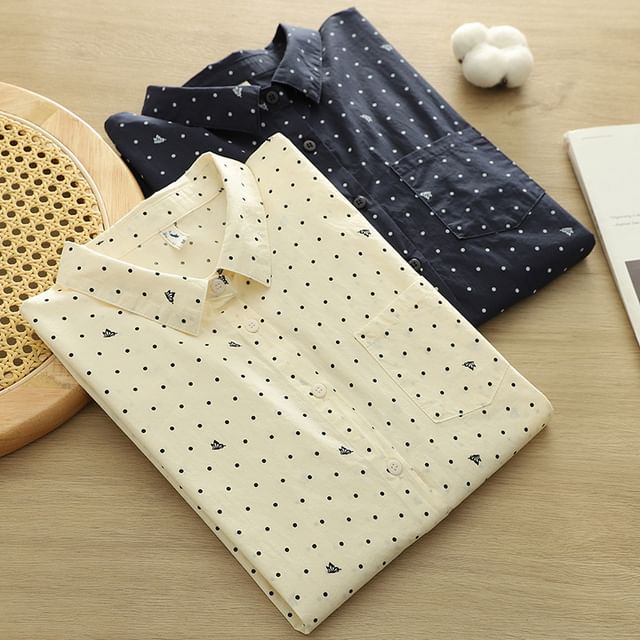 Suzette-Long-Sleeve Collared Dotted Button-Up Blouse