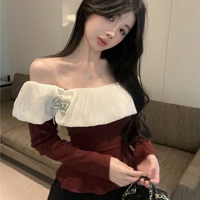 Whoosh-Long-Sleeve Off-Shoulder Two Tone Rhinestone Tee