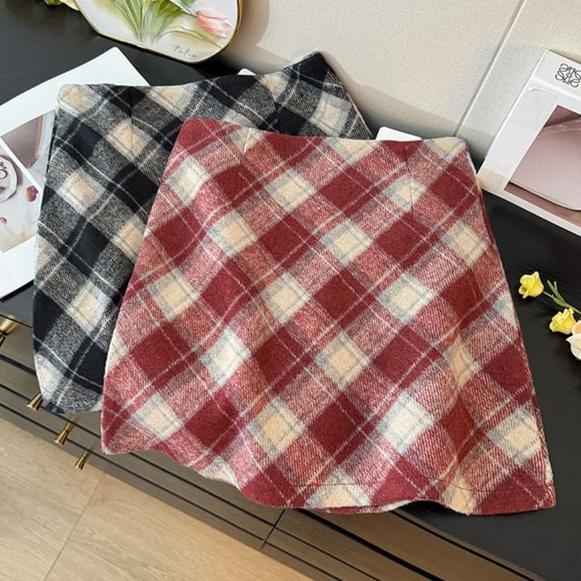 Lemongrass-Plaid High-Waist Wool Mini Skirt