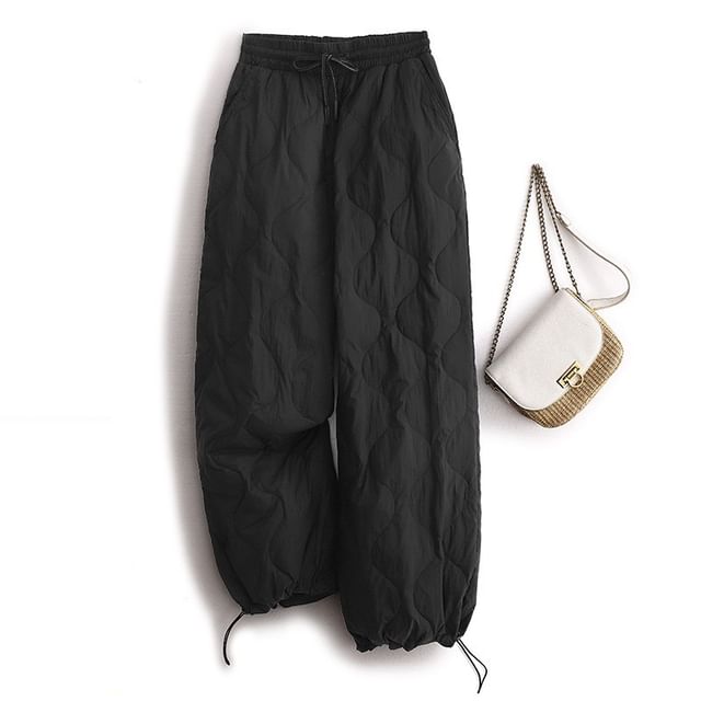 MIKIGA-Drawstring Waist Plain Quilted Cropped Wide Leg Pants