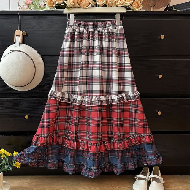 Lemongrass-Patchwork Ruffled Plaid A-Line Skirt