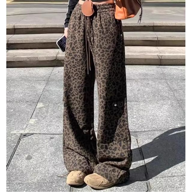 Trendycas-Drawstring Waist Leopard Print Baggy Pants
