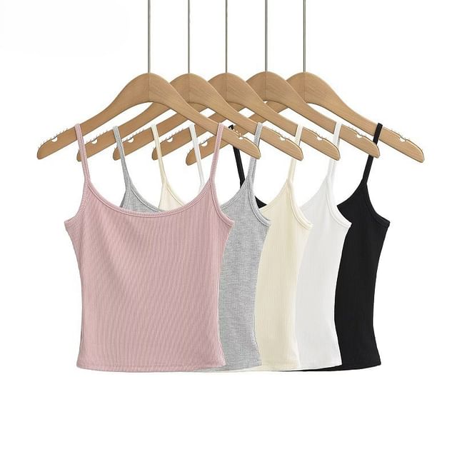Hollahop-Scoop Neck Plain Ribbed Open Back Crop Cami Top