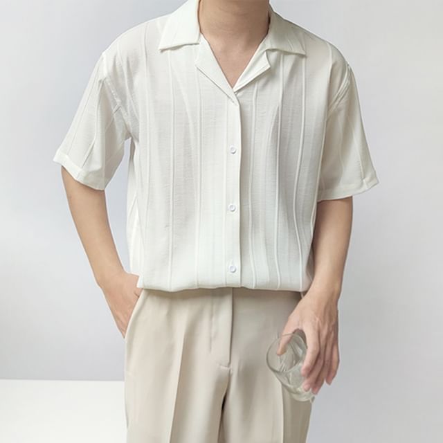 Macho-Short Sleeve Lapel Collar Striped Button Shirt