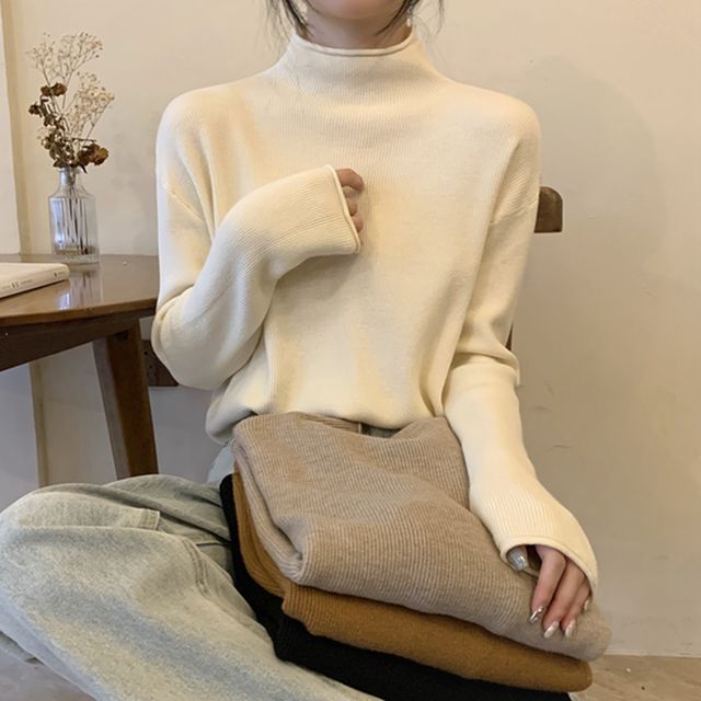 monroll-Long-Sleeve Mock-Neck Plain Knit Top