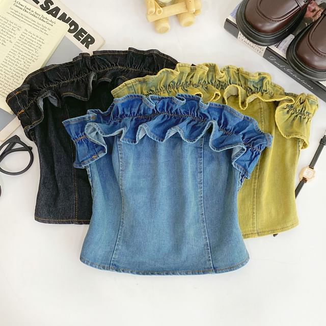Iasia-Strapless Ruffle Denim Crop Top