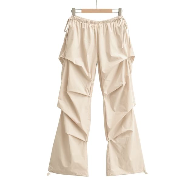 Drawstring Waist Plain Ruched Wide Leg Cargo Pants