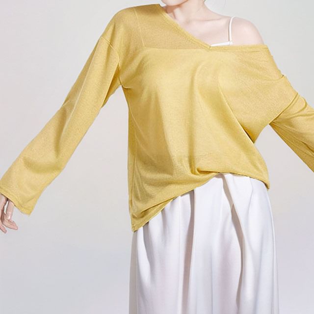 Cossita-Long Sleeve V-Neck Plain Knit Top