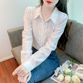 Dragan Pulse-Long Sleeve Collared Plain Ruffle Trim Button Up Shirt
