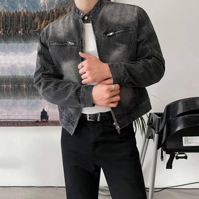 MRCYC-Band Collar Washed Zip Denim Jacket