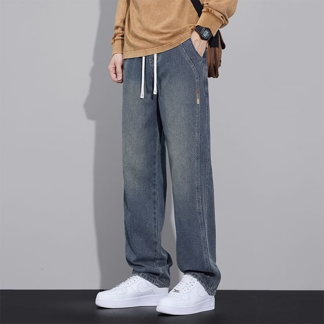 Denimic-Drawstring Waist Washed Straight Leg Jeans