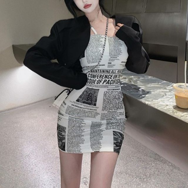 ever after - Newspaper-Print Asymmetrical Mini Dress / Puff-Sleeve Crop  Jacket
