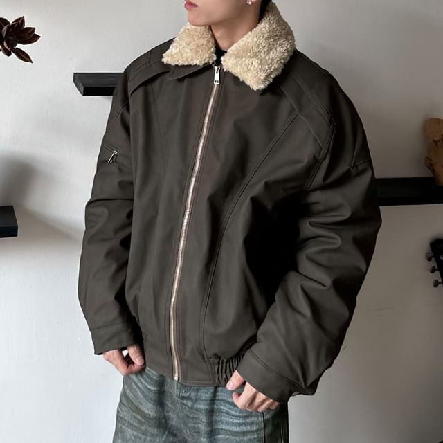 DragonRoad-Plain Fluffy Trim Zip Jacket