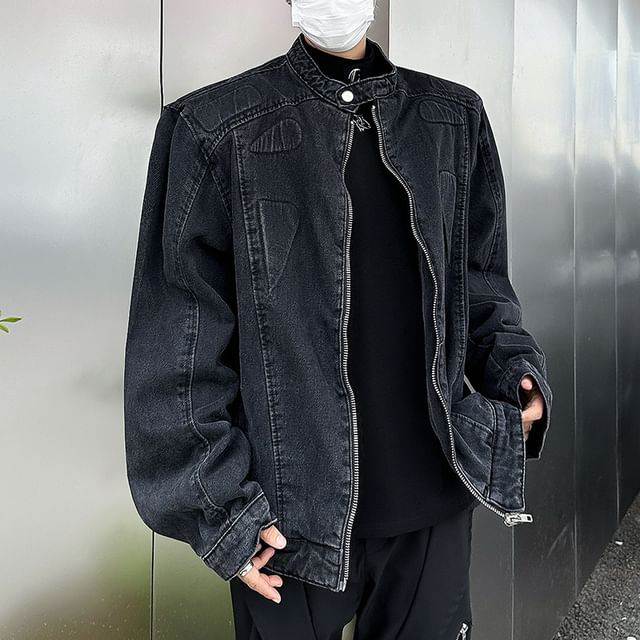 Whyessa-Washed Denim Zip Jacket