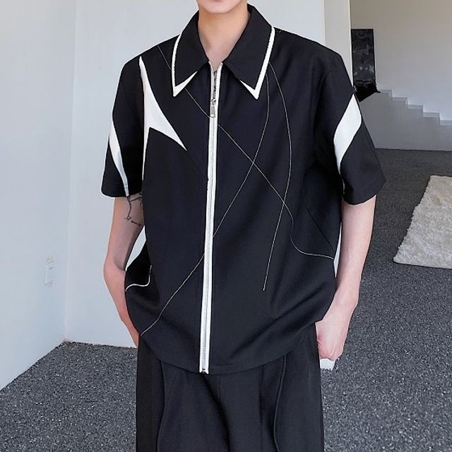 Bjorn-Short-Sleeve Collared Two Tone Zip Shirt