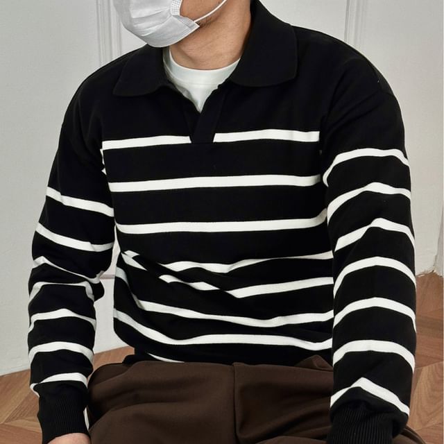 DragonRoad-Collar Striped Sweater