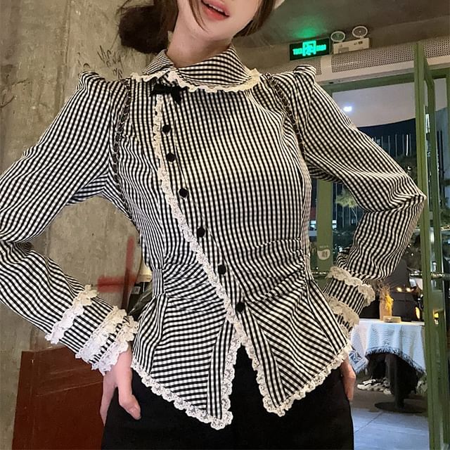 Beem-Long-Sleeve Collared Asymmetrical Plaid Top
