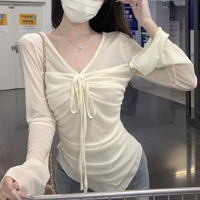 CRIBI-V-Neck Drawstring Long Sleeve Plain See-Through Crop Top