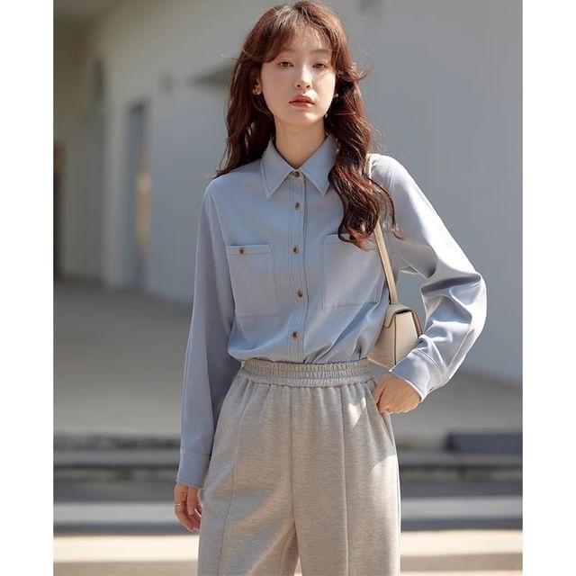 Jeonseon-Long-Sleeve Pocketed Plain Shirt