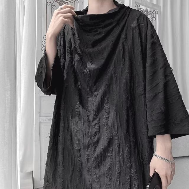 JUN-LEE-34-Sleeve Plain Distressed Oversized T-Shirt