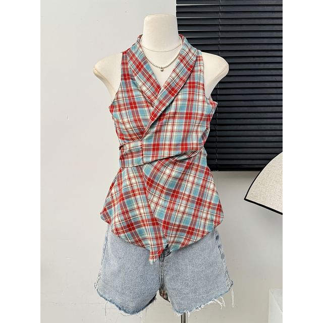 Lemongrass-Plaid Lapel Halter Top with Tie