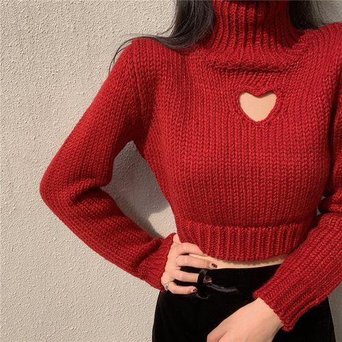 Heart Cutout Cropped Turtleneck Sweater